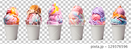 Pastel colourful rainbow Ice cream double triple scoop, white blank empty takeaway paper cup bowl on transparent background cutout, PNG file. Many different flavour Mockup template for artwork design 129376596
