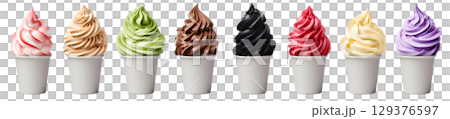 Soft serve Yoghurt Ice cream swirl on white blank empty paper cup bowl on transparent background cutout, PNG file. Many assorted different flavour Mockup template for artwork design 129376597