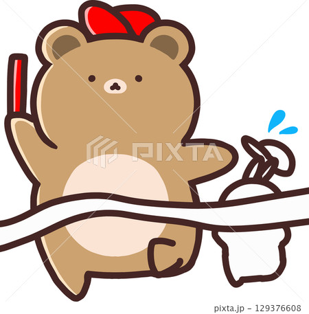 ゴールテープを切るかわいいクマのキャラクター ゴールテープを切るかわいいクマのキャラクター 129376608