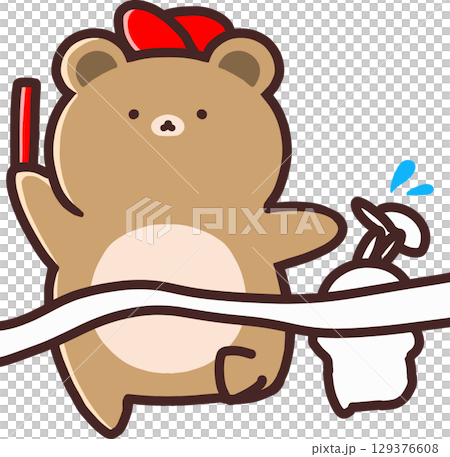 一隻可愛的熊角色衝過終點線 129376608