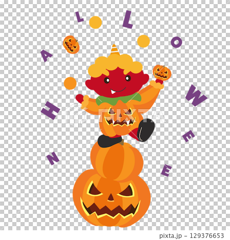 ハロウィーンの仮装をした赤鬼がカボチャの上でジャグリングをするイラスト 129376653