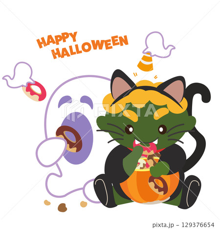 ハロウィンで黒猫の仮装をした緑鬼と横でドーナツを食べる幽霊のイラスト 129376654