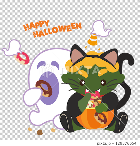 ハロウィンで黒猫の仮装をした緑鬼と横でドーナツを食べる幽霊のイラスト 129376654