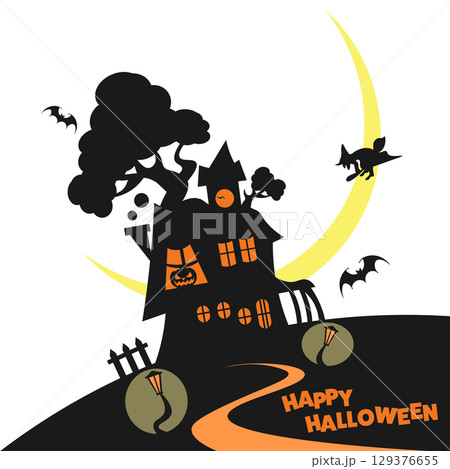 ハロウィーンの三日月の夜に魔女が帰ってくるイラスト 129376655