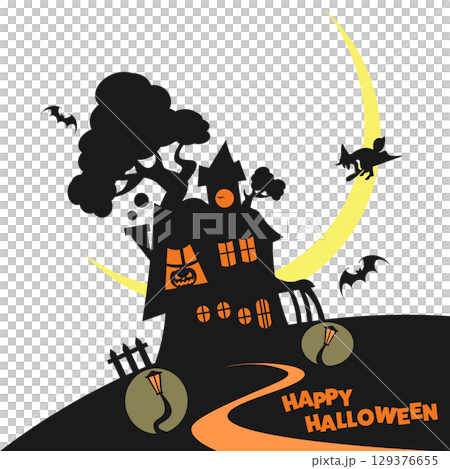 ハロウィーンの三日月の夜に魔女が帰ってくるイラスト 129376655