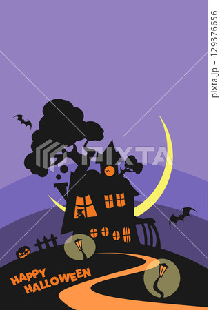 ハロウィンの三日月の夜、屋敷の中にいる魔女の背景イラスト 縦 129376656