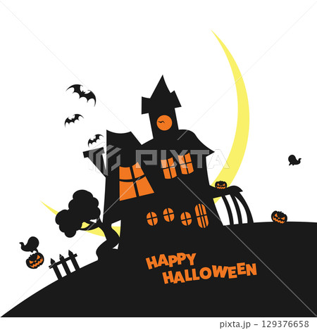ハロウィーンの夜にコウモリとオバケが空を飛ぶイラスト 129376658