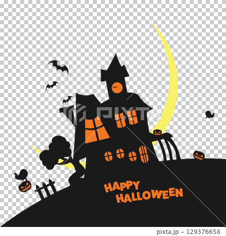 ハロウィーンの夜にコウモリとオバケが空を飛ぶイラスト 129376658
