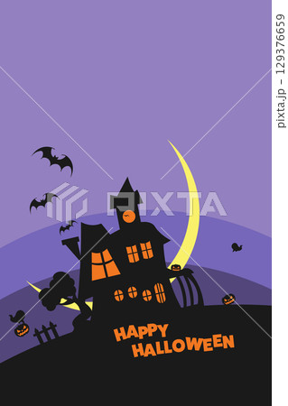 ハロウィンの夜、コウモリが家から飛び立つ背景イラスト 129376659
