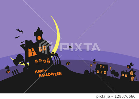 ハロウィーンの夜、オバケたちがカボチャをいたずらする背景イラスト 129376660