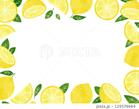 水彩で描いたレモンと葉っぱの爽やかな夏フレームイラスト 129376664