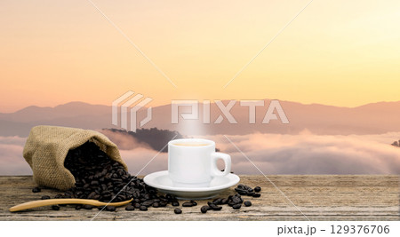 Coffee, hot espresso, coffee beans, morning, mountain view 129376706
