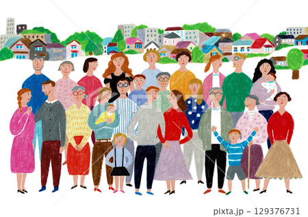 手描きイラスト　人々と街	 129376731