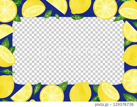 A refreshing summer frame illustration of lemons and leaves painted in watercolor, navy blue A refreshing summer frame illustration of lemons and leaves painted in watercolor, navy blue 129376736