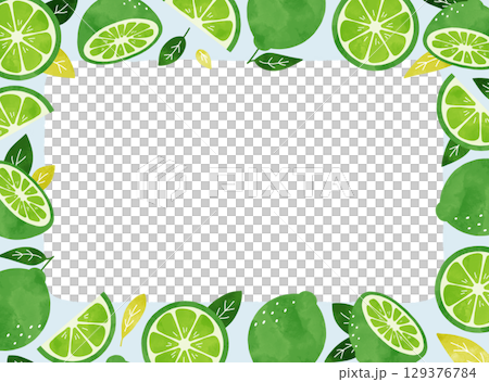 A refreshing summer frame illustration of limes and leaves painted in watercolor. Light blue 129376784