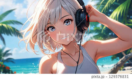 ビーチで音楽を聴く美女のイラスト 129376831