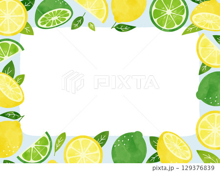 水彩で描いたレモンとライムの爽やかな夏フレームイラスト　水色 129376839