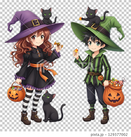 Cute halloween witch girl holding pumpkin basket, anime style, PNG sticker, halloween costume, trick or treat. transparent background 129377002