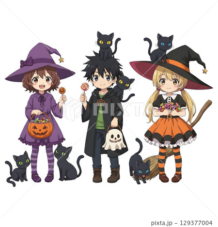 Cute halloween witch girl holding pumpkin basket, anime style, PNG sticker, halloween costume, trick or treat. transparent background 129377004