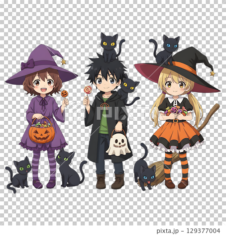 Cute halloween witch girl holding pumpkin basket, anime style, PNG sticker, halloween costume, trick or treat. transparent background 129377004