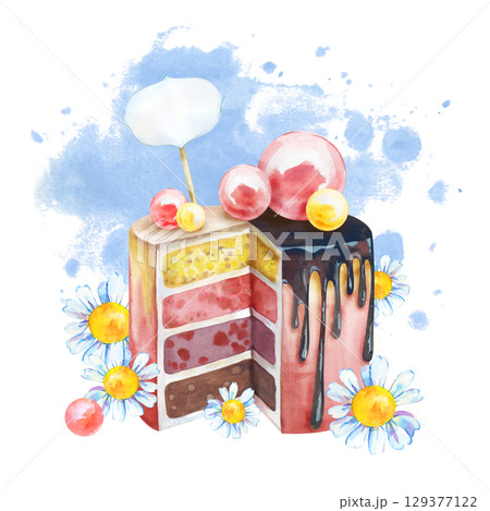Watercolor holiday cake with bright decor and daisies on the background of a blue watercolor spot. The illustration is isolated on a white background. Dessert template for postcards, invitations, gree 129377122