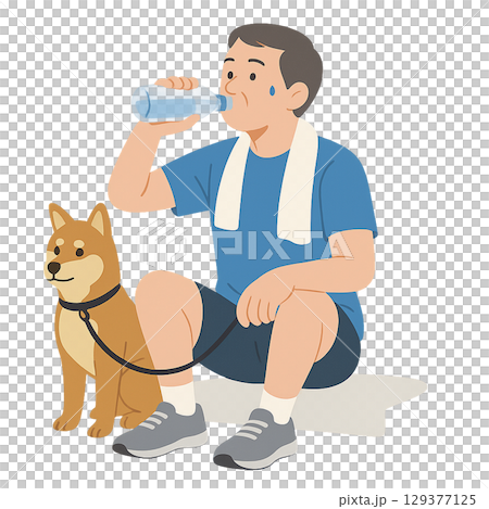 A middle-aged man sitting and drinking water after a walk with his dog A middle-aged man sitting and drinking water after a walk with his dog 129377125