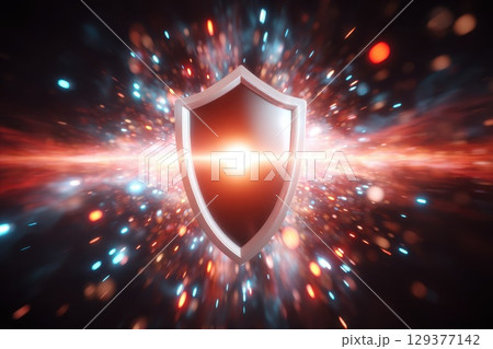 Cybersecurity Shield Glowing in Digital Space with Vibrant Colors and Light Effects 129377142
