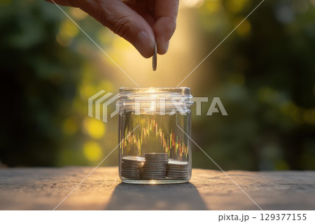 Hand Placing Coin into Transparent Jar with Soft Light and Natural Background Hand Placing Coin into Transparent Jar with Soft Light and Natural Background 129377155