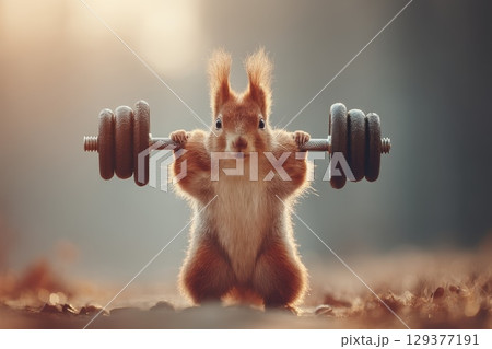 Determined Chubby Squirrel Lifting Weights with Focused Eyes in a Soft Natural Light Background 129377191