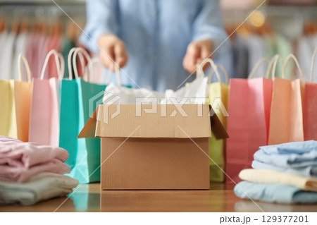 Happy Customer Unpacking Box with Colorful Shopping Bags in Retail Environment Happy Customer Unpacking Box with Colorful Shopping Bags in Retail Environment 129377201