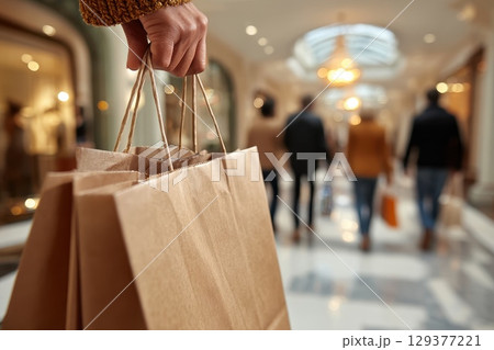 Close Up of Hands Holding Shopping Bag with Blurred Background in Modern Shopping Mall 129377221