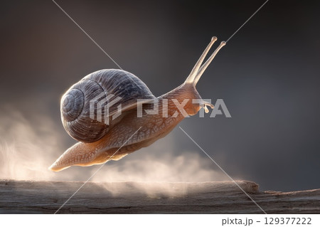 Snail Caught in Mid Air Jumping Over a Log on a Trail in a Natural Setting 129377222