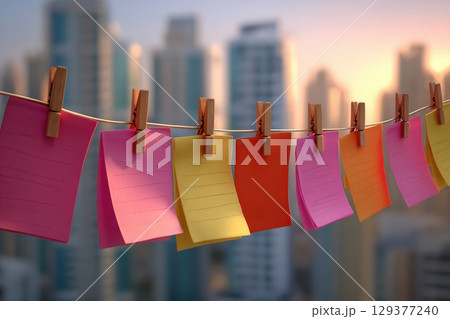 Colorful Notes Pinned on Line Against Urban Skyline Background in Soft Sunset Lighting 129377240