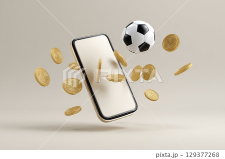 A cell phone with a soccer ball and gold coins flying around it 129377268