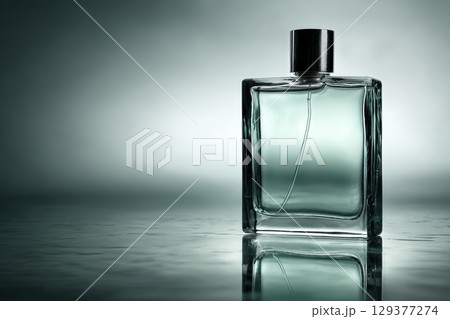 Elegant Glass Perfume Bottle on Smooth Reflective Surface Against a Subtle Gradient Background Elegant Glass Perfume Bottle on Smooth Reflective Surface Against a Subtle Gradient Background 129377274