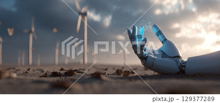 Advanced Robotic Arm with Precision Sensors in a Wind Turbine Landscape Under Dim Lighting 129377289