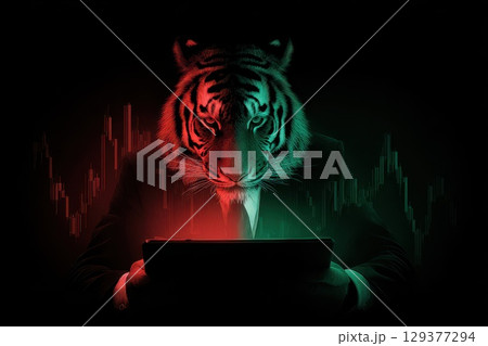 Humanoid Tiger in Formal Attire Gazing Intently at Technology with Financial Symbols 129377294