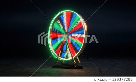 A colorful, neon-lit merry-go-round with a red, white, and blue design 129377299