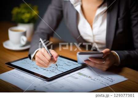 Online tutor conducting a math lesson on a tablet while using a smartphone in a modern setting 129377301