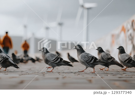 Group of Pigeons Pecking at Broken Glass on Urban Pathway with Wind Turbines in Background Group of Pigeons Pecking at Broken Glass on Urban Pathway with Wind Turbines in Background 129377340
