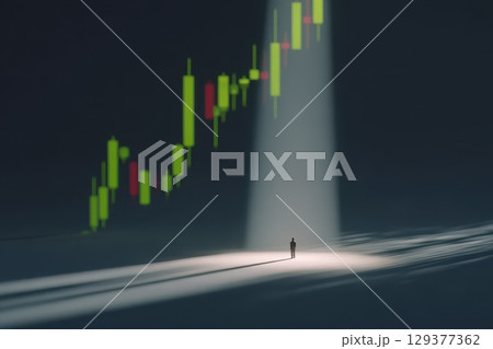 Confident Business Figure Standing Under Spotlight with Abstract Dog and Chart Background 129377362