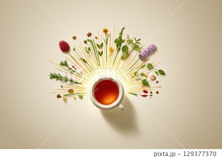 Radiant Cup of Tea Surrounded by Natural Ingredients in a Colorful Radial Burst Arrangement 129377370