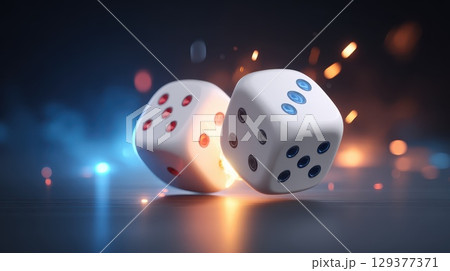 Two dice are shown in the air, one of which is red and blue Two dice are shown in the air, one of which is red and blue 129377371