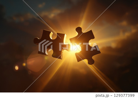 Jigsaw Puzzle Pieces Fitting Together Against Bright Light in Warm Sunset Background Jigsaw Puzzle Pieces Fitting Together Against Bright Light in Warm Sunset Background 129377399