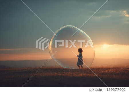 Expansive View of a Child Playing in a Park Surrounded by a Large Soap Bubble at Sunset 129377402