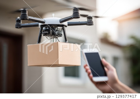 Drone Delivering Package to Doorstep with Hand Reaching for Mobile Phone in Background Drone Delivering Package to Doorstep with Hand Reaching for Mobile Phone in Background 129377417