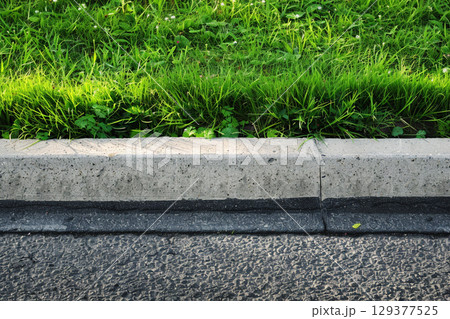 縁石に沿って生い茂る青々とした草と道路 129377525