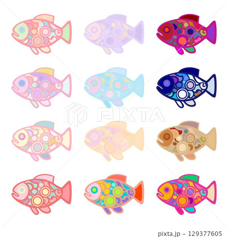 12色のカラフルでパステルカラーの魚アイコンセット – かわいい手描きベクターイラスト 129377605