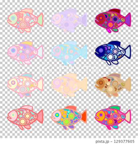 12色のカラフルでパステルカラーの魚アイコンセット – かわいい手描きベクターイラスト 129377605