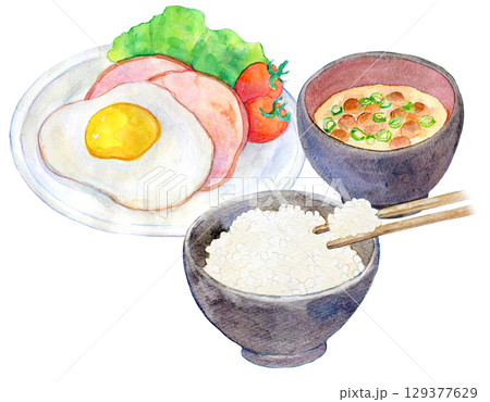 水彩イラスト　手描きイラスト　ハムエッグ定食 129377629